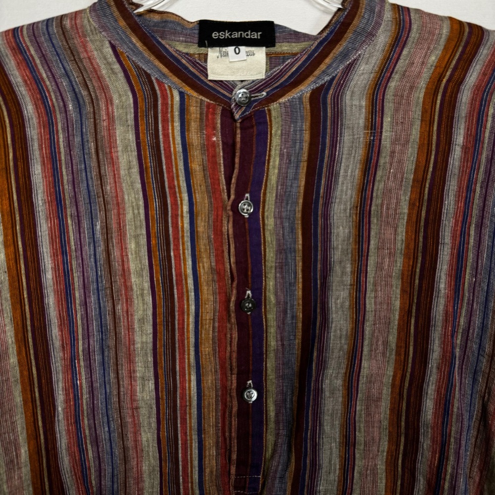 Eskandar Shirt 100% Linen Striped Top Womens Sz 0 Mandarin Collar Lagenlook - Picture 4 of 6